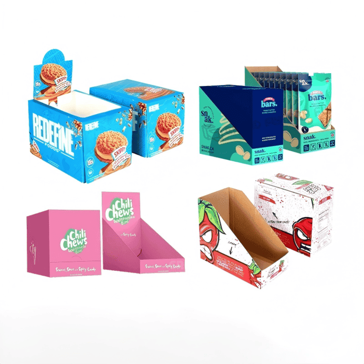 Custom PDQ counter display box for gummy bag packaging with branded header card