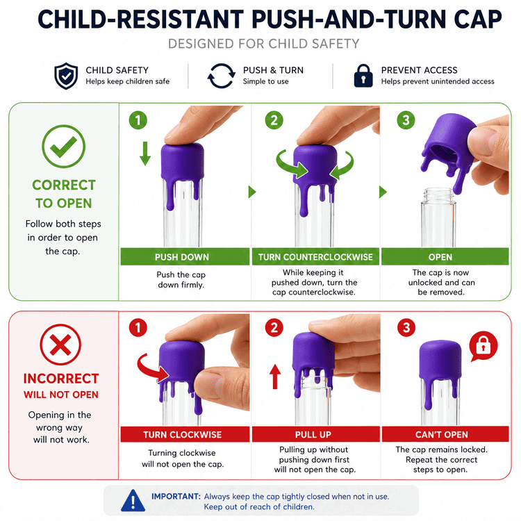 Child-resistant push and turn closure demonstration