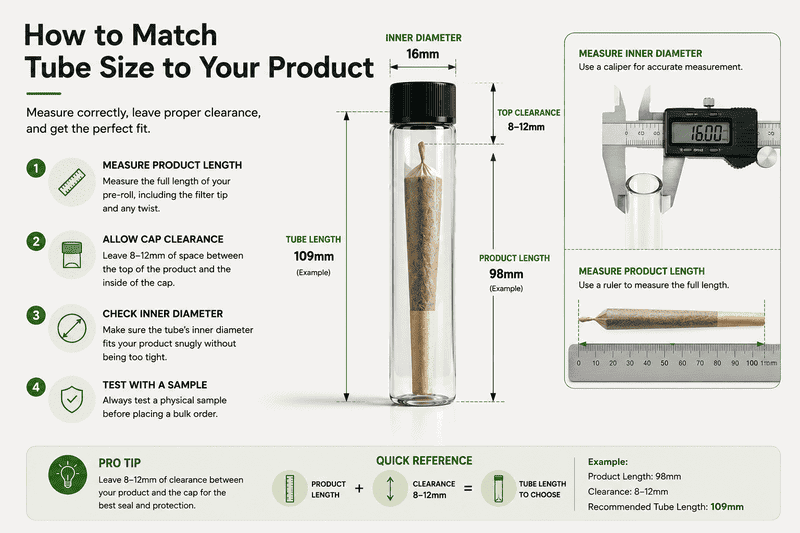 How to match pre-roll tube size to your product: measure length, add clearance, check inner diameter