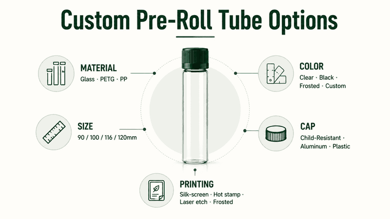Custom pre-roll tube options: sizes, colors, caps and printing