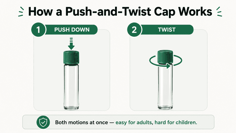How a push-and-twist child-resistant cap works: push down, then twist