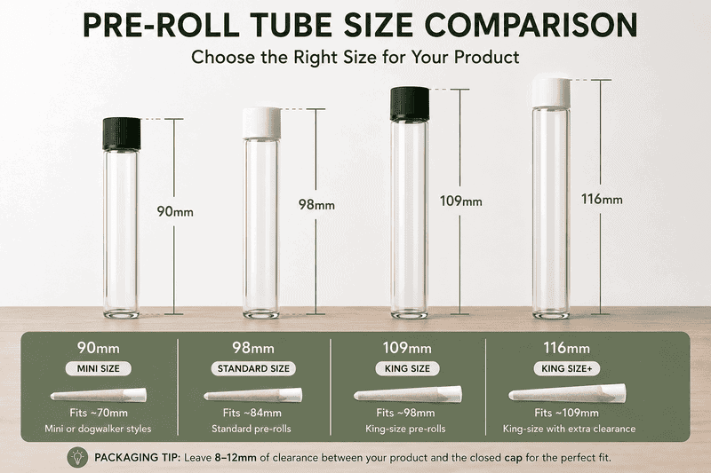 90mm, 98mm, 109mm and 116mm pre-roll tubes compared